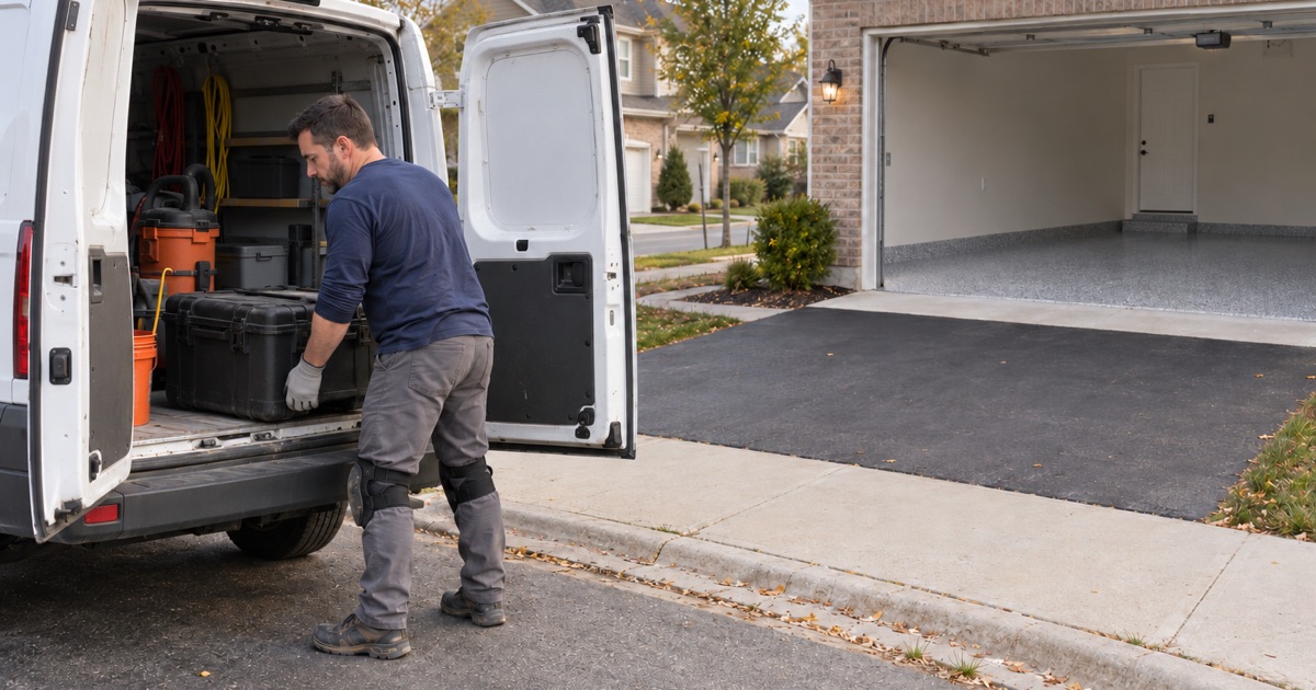 The installer loading a plain equipment case into the work van at the end of a Romeoville garage floor job.