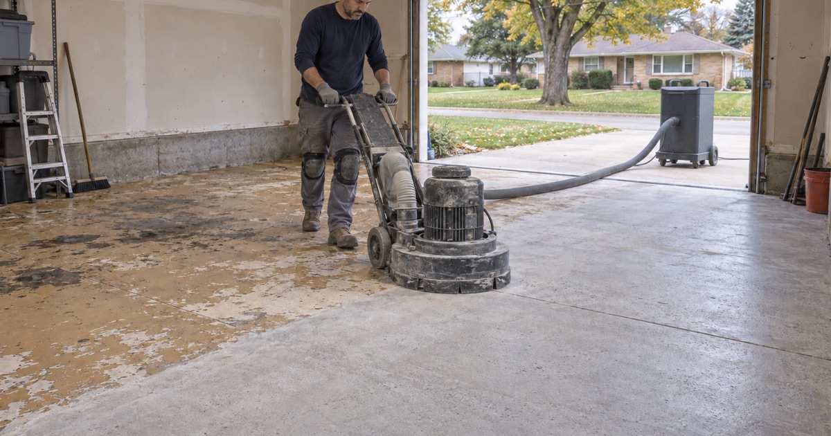 A planetary grinder opening up an old painted garage slab in Romeoville, half the floor ground to clean concrete.