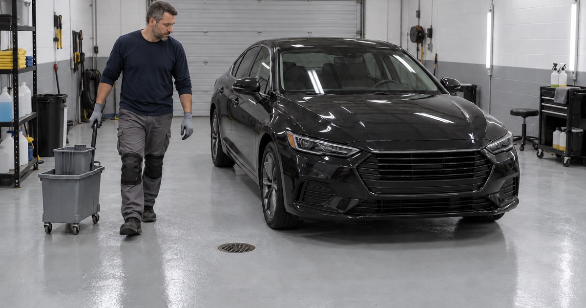 A sealed, freshly mopped floor in a window tint and paint protection film bay in Alsip, ready for the next car.