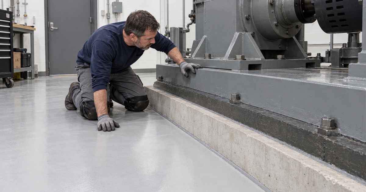An engine dynamometer on its grouted steel bedplate in a Burr Ridge test cell, the floor coating stopping at the foundation.