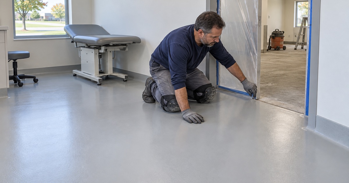 One finished room and one still sealed off behind plastic during a phased floor renovation at a Channahon animal clinic
