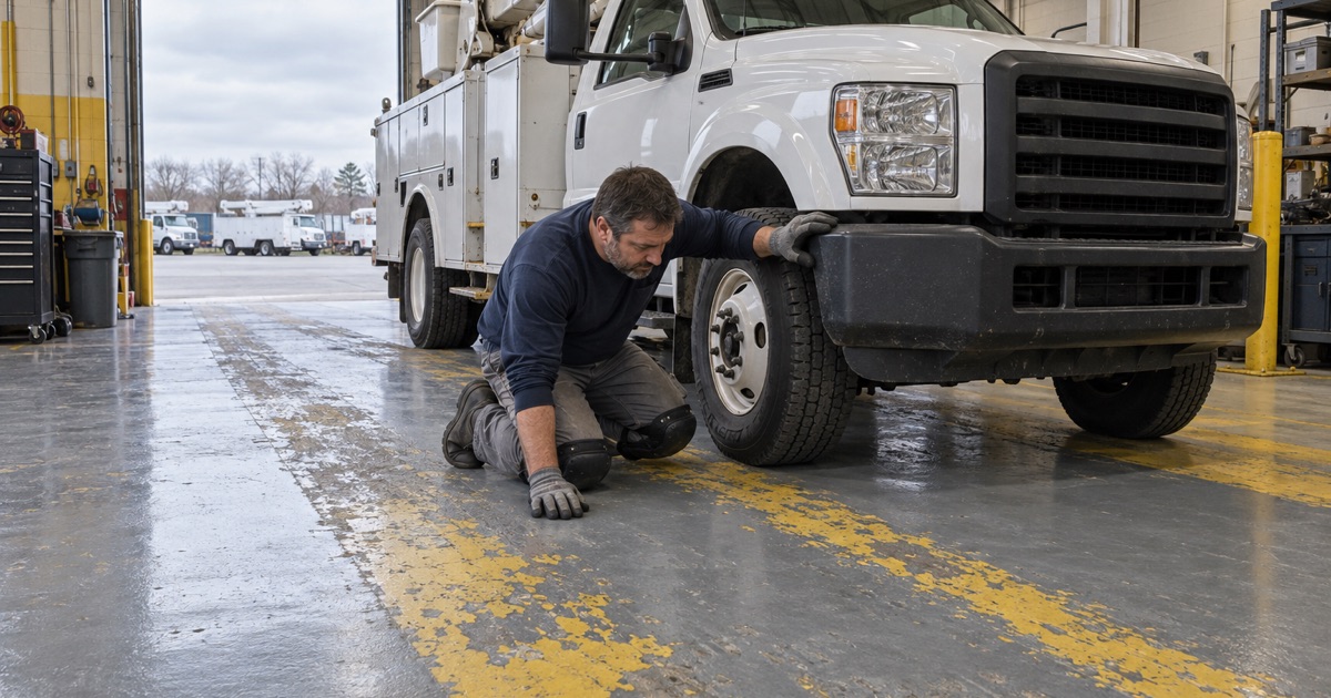 A two-coat floor in contrasting colors in a Crestwood fleet garage, the gray top coat worn through to yellow in the wheel lanes.