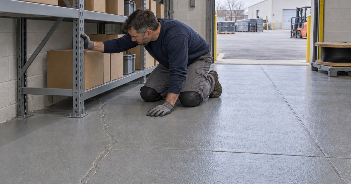 A coated commercial slab in a Hickory Hills shop building, the kind of floor checked against a site’s records before any saw cut