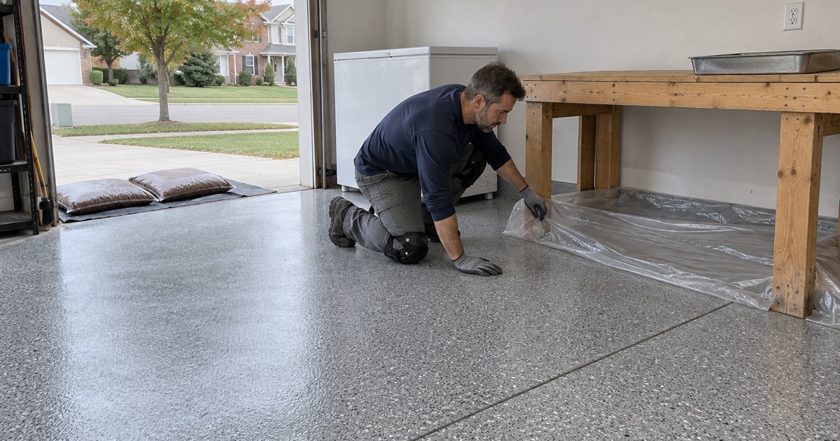 A flat steel tray on a Lemont garage workbench, the spot set aside for charging battery packs off the coated floor