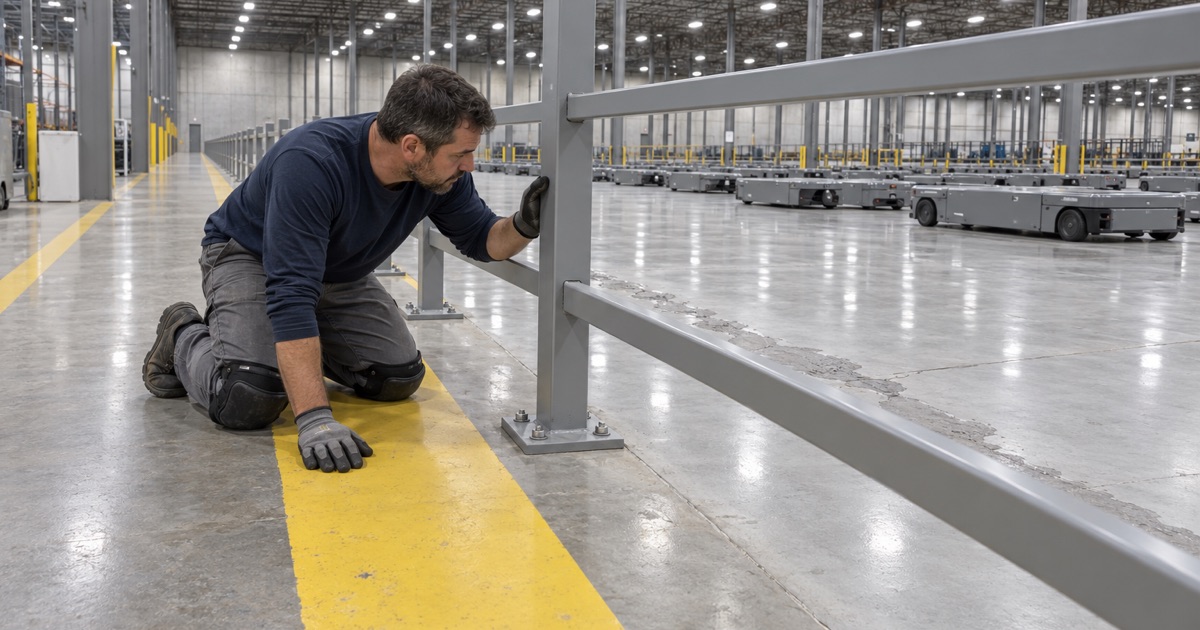 Low drive units stopped at the barrier of a robot floor zone in a Matteson fulfillment warehouse, the zone shut down for floor work.