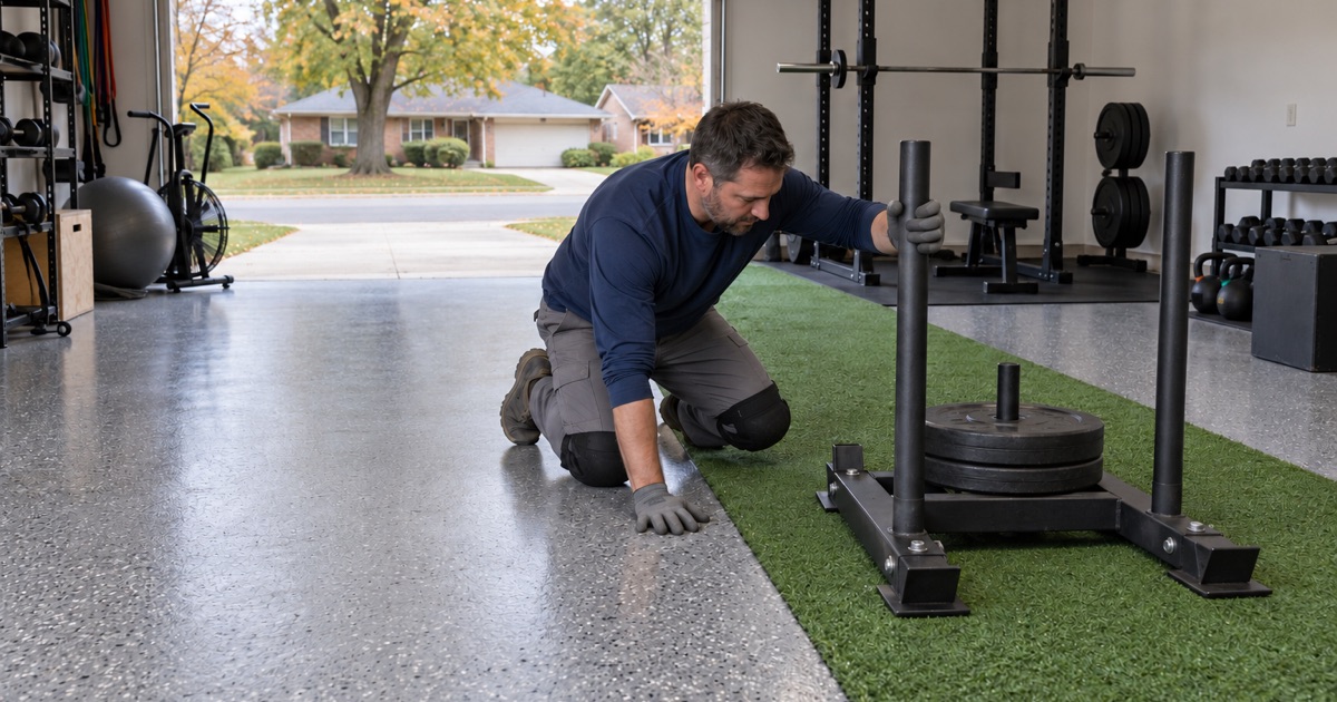 A steel push sled parked on its own turf lane across a coated garage gym floor in Midlothian.