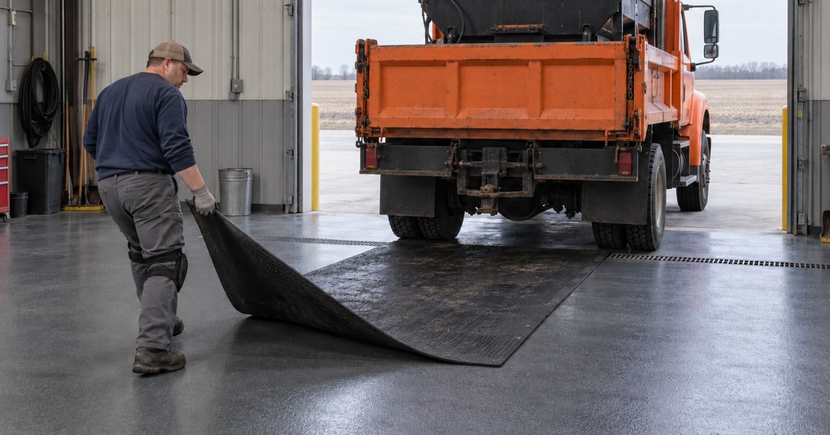 A rubber mat dragged into place under the tailgate of an asphalt patching truck in a Minooka public works garage.