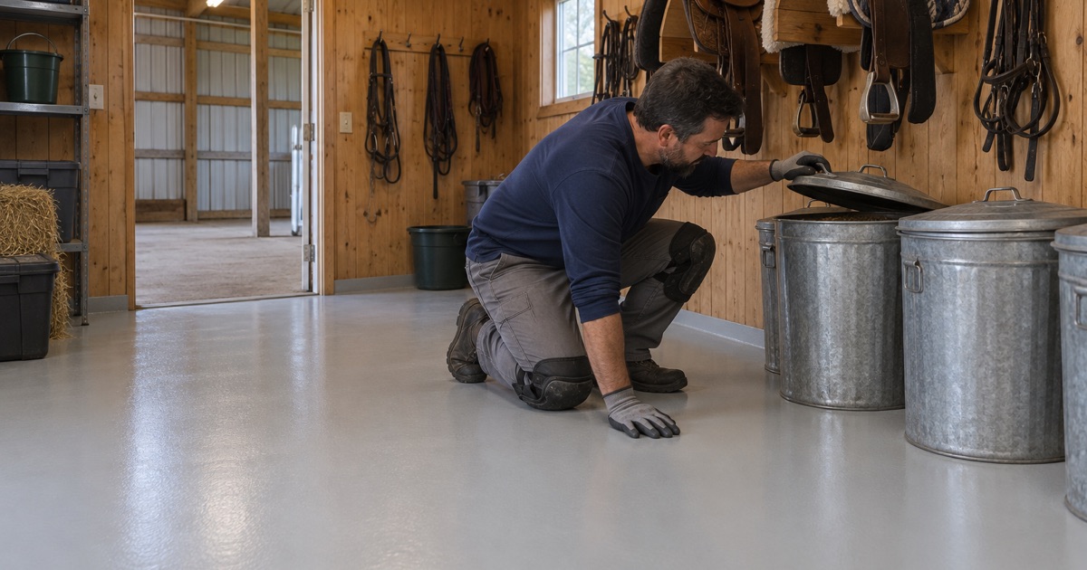 A sealed smooth tack room floor stopping at the doorway to the roughened concrete aisle of a North Aurora horse barn.