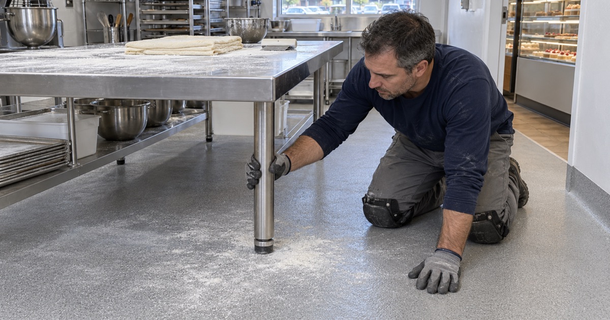 A fine-textured floor at the laminating bench of a Palos Hills pastry kitchen, a little flour dust settled on it.