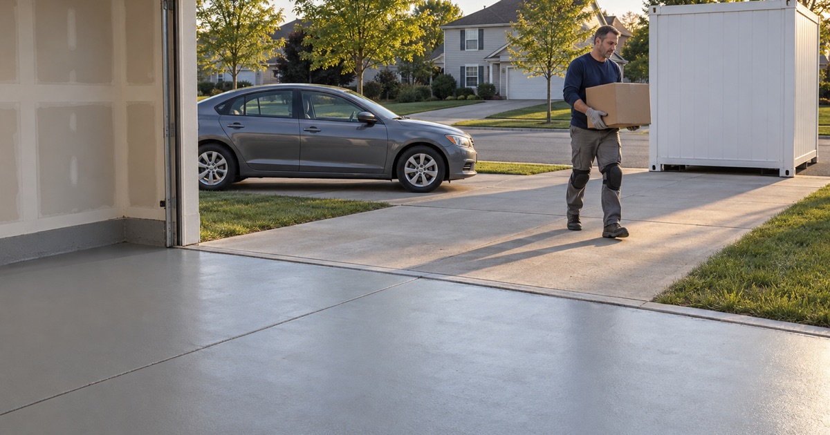 A commuter’s car waiting on the driveway in Richton Park until the new garage floor has cured enough for hot tires
