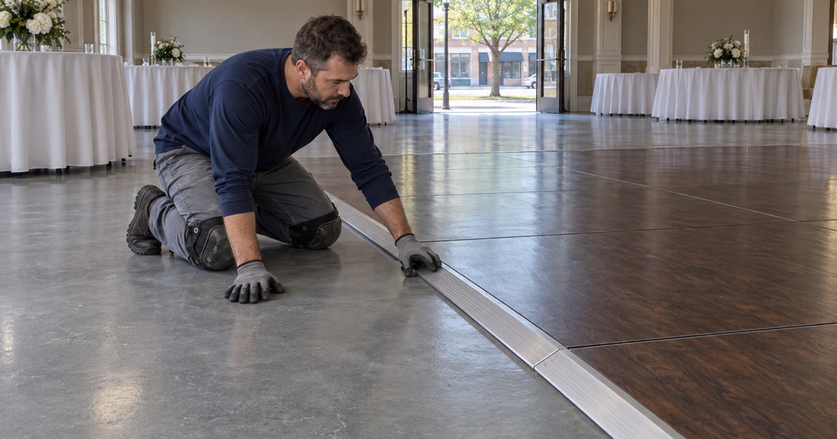 The edge ramp of a portable dance floor meeting the coated floor of a Summit banquet hall, where the heels land.