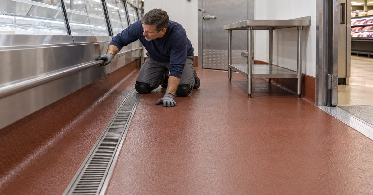 A seamless red resin floor coved up the base of a butcher counter behind the meat case at a Warrenville grocery.