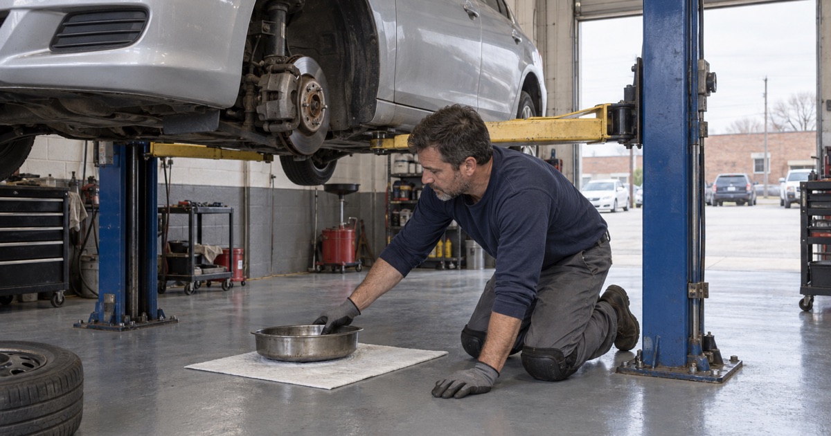 A drip pan slid under a front brake on the two-part coated floor of a family auto shop in Worth.