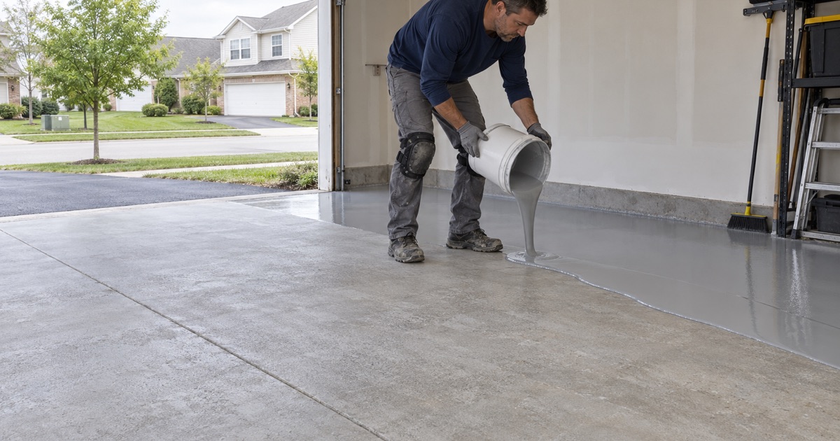 A ribbon of gray epoxy base coat poured onto a ground garage slab in Romeoville, ready to be spread.