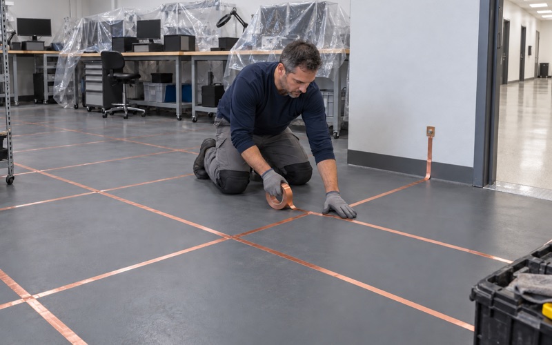 Copper grounding tape laid in a grid on the primed slab of an electronics room in Romeoville before the ESD coating.
