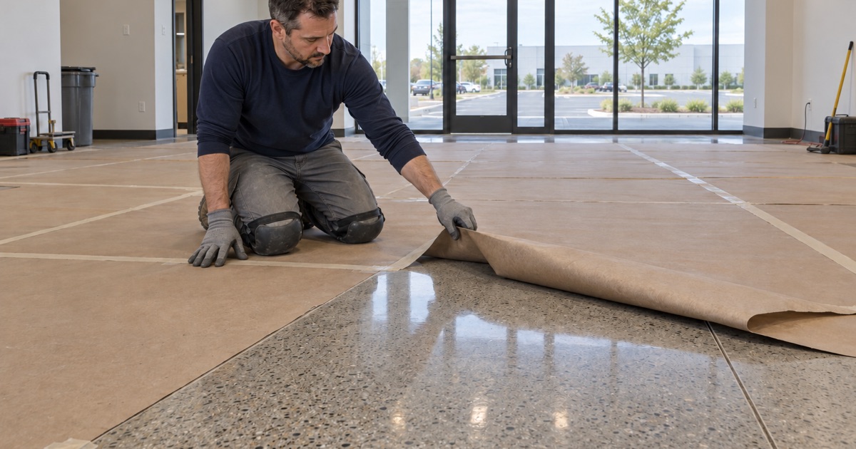 Protection board folded back off a newly polished concrete floor in the lobby of a Romeoville business-park building.